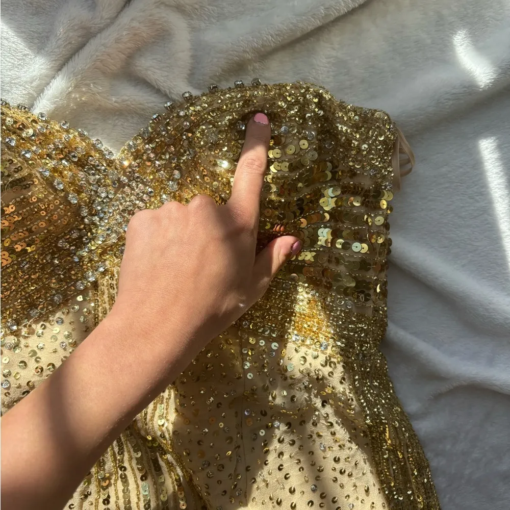 Basix Black Label Gold Sequin beaded embellished silk stone Strapless mini Dress Size 4 - Image 15