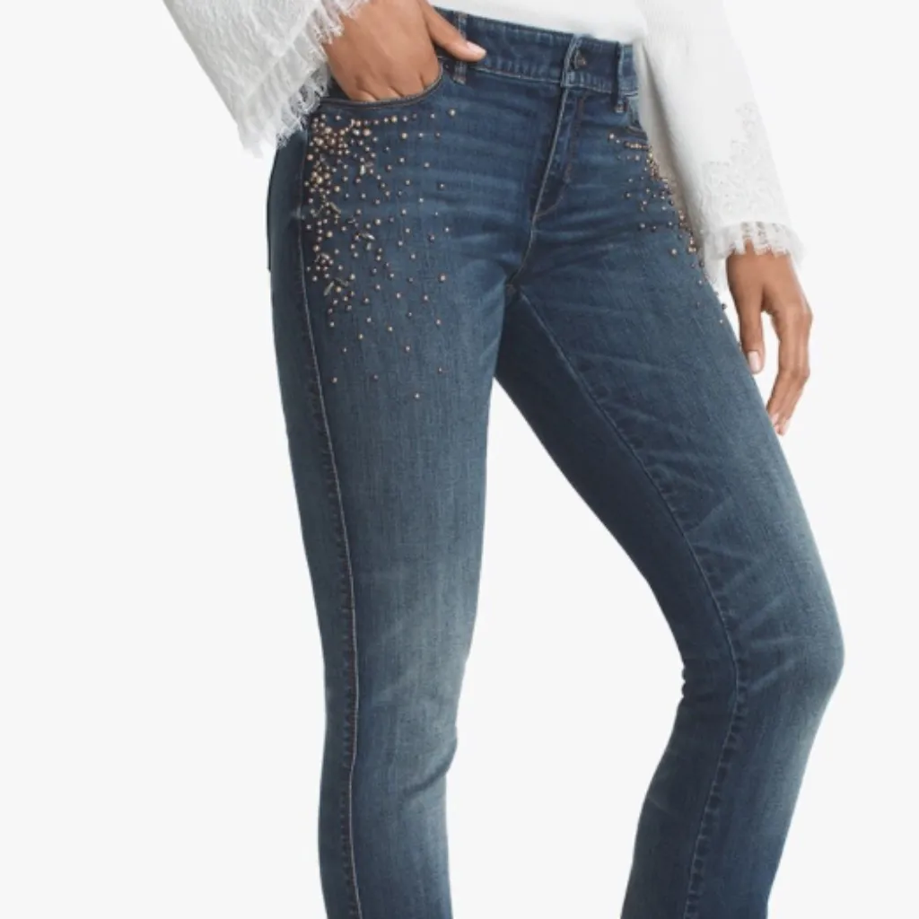 WHBM HR Embellished Skinny Flare Jeans  Medium wash sz 2s - Image 3