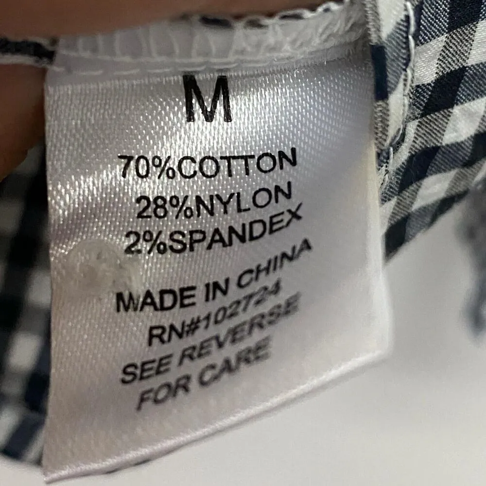 Grand & Greene Womens Navy and White Checkered Bell Sleeve Pearl Accent Top Sz M Blue Size M - Image 7