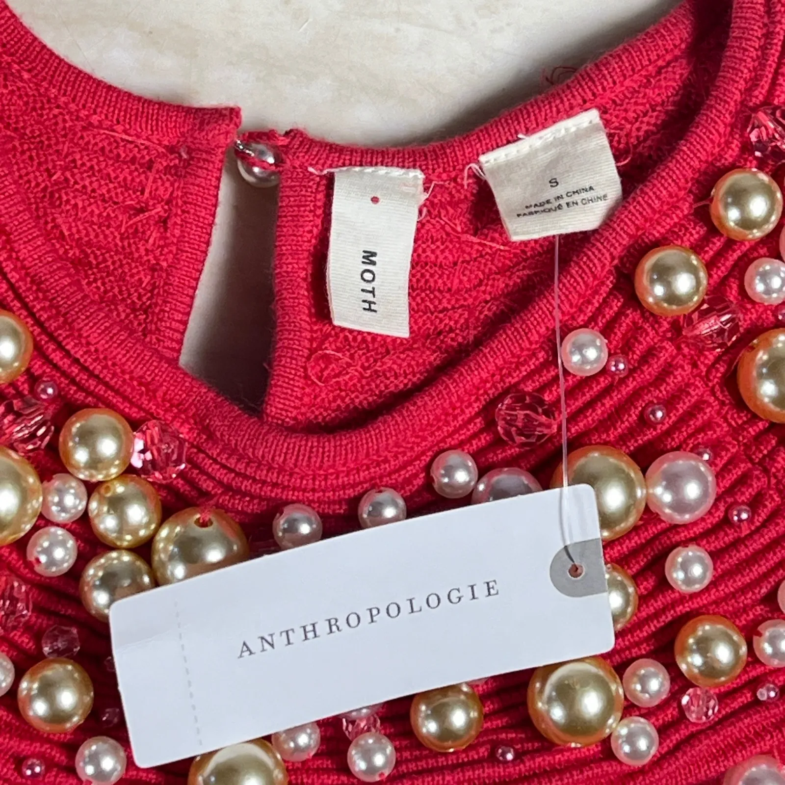 Anthropologie Moth Embellished Beaded Neckline Short Sleeve Top Coral Pink Small - Image 2