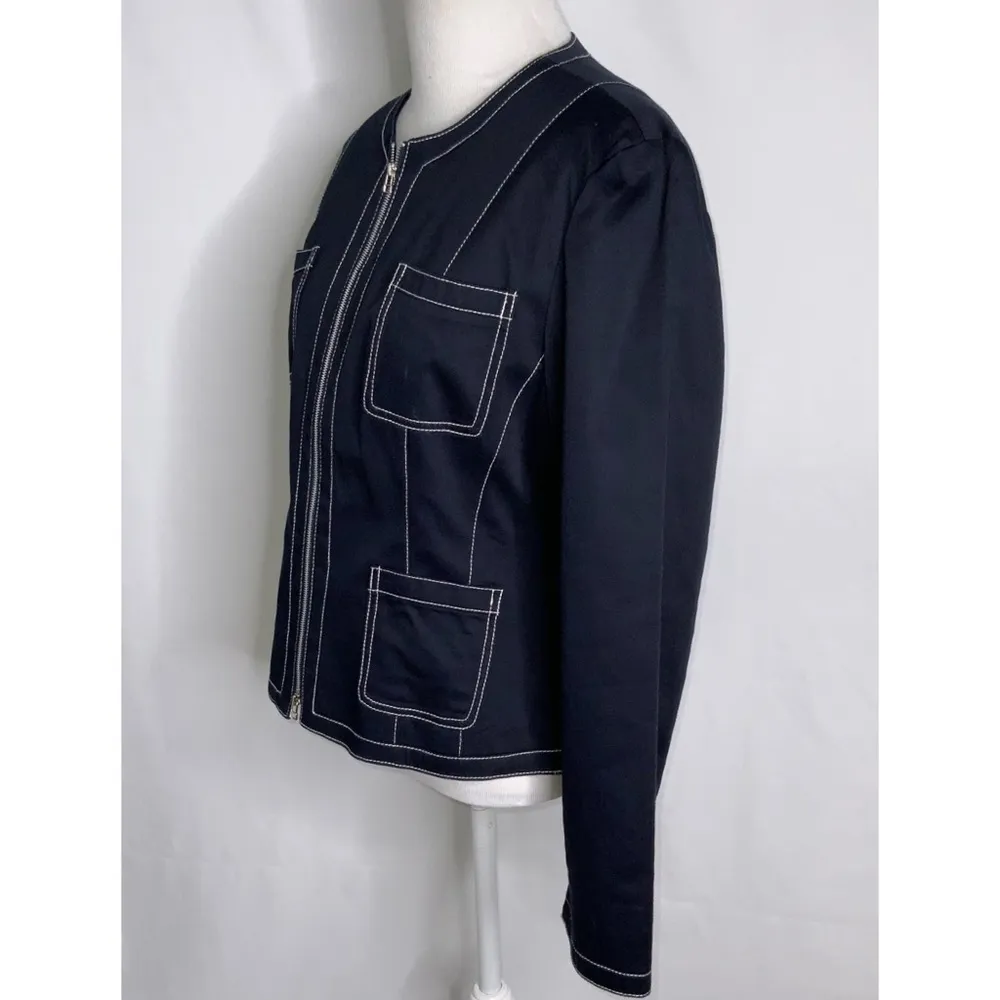 Nine & Company Navy Blue White Stitching No Collar Tailored Sporty Jacket 8 - Image 5