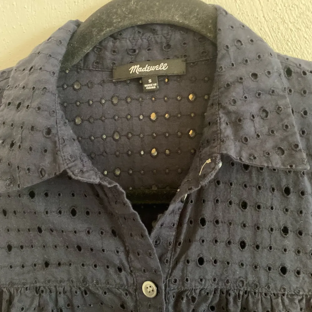 Madewell eyelet dark blue short sleeve blouse - Image 3