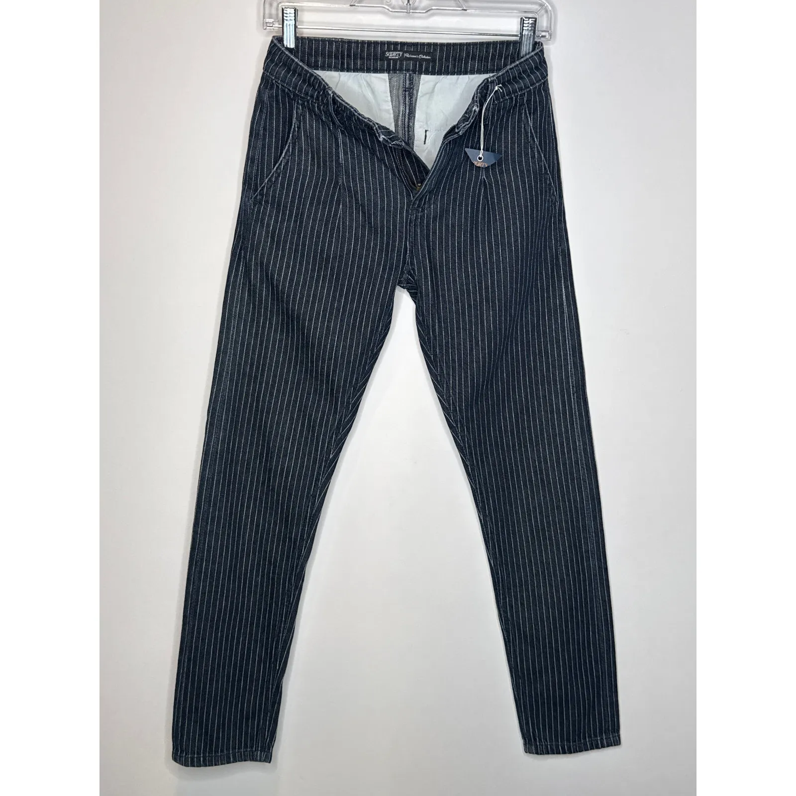 Soorty Pinstripe Chino Pants Black White Stripe Slim Fit Casual 28" Blue - Image 3