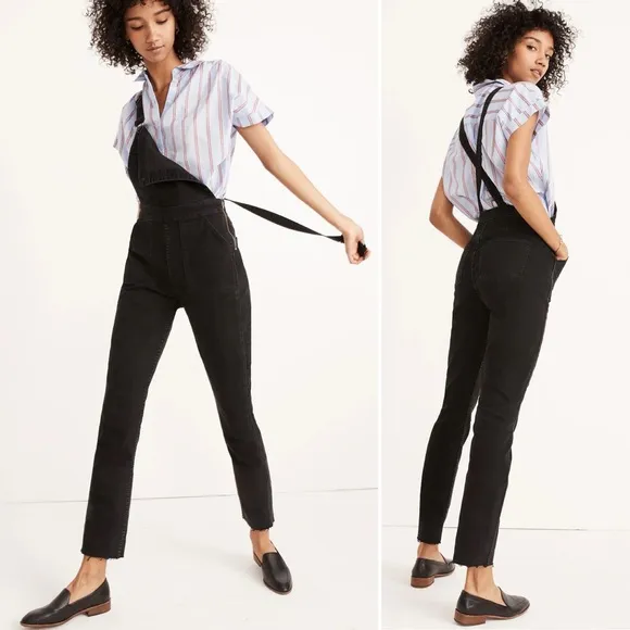 MADEWELL Skinny Overalls in Lunar Wash Black Denim Raw Hem Size L - Image 2