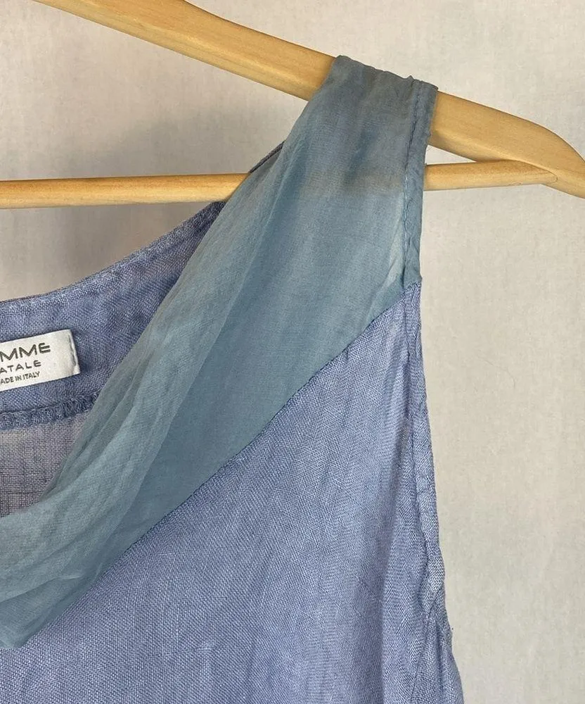 100% Linen Italian Sleeveless Tunic Draped Neck Top Blouse L Size L - Image 3