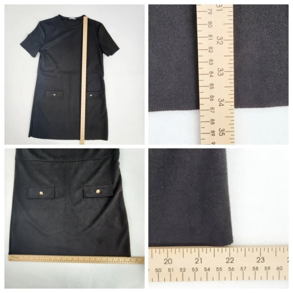 Zara Women's T Shirt Dress with Faux Pockets and Gold Buttons Size M Black - Image 6