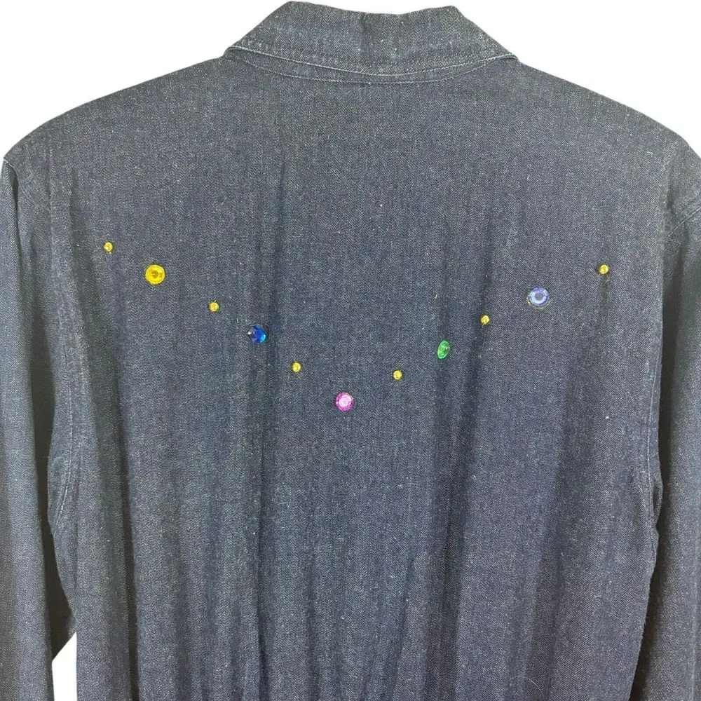 Max Z Denim Western Dress Rhinestones Studded‎ Maxi Vintage Pleated Sz 12 Blue - Image 4