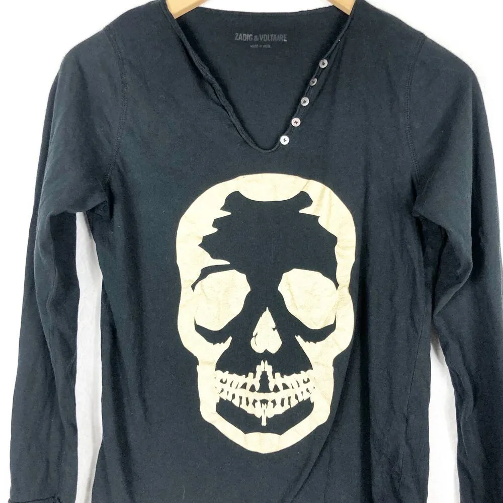 Zadig And Voltaire Foil Skull Print Henley Women Small Long Sleeve Tee Halloween - Image 9