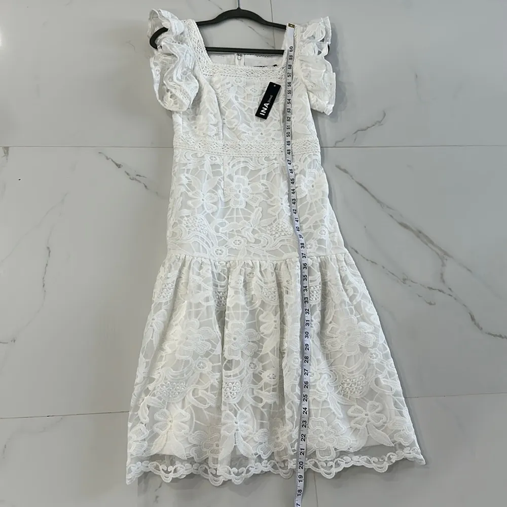 NWT  White Ruffle/Short Sleeve Scoop Neck Midi Lace Drop Waist Dress Sz Small - Image 14