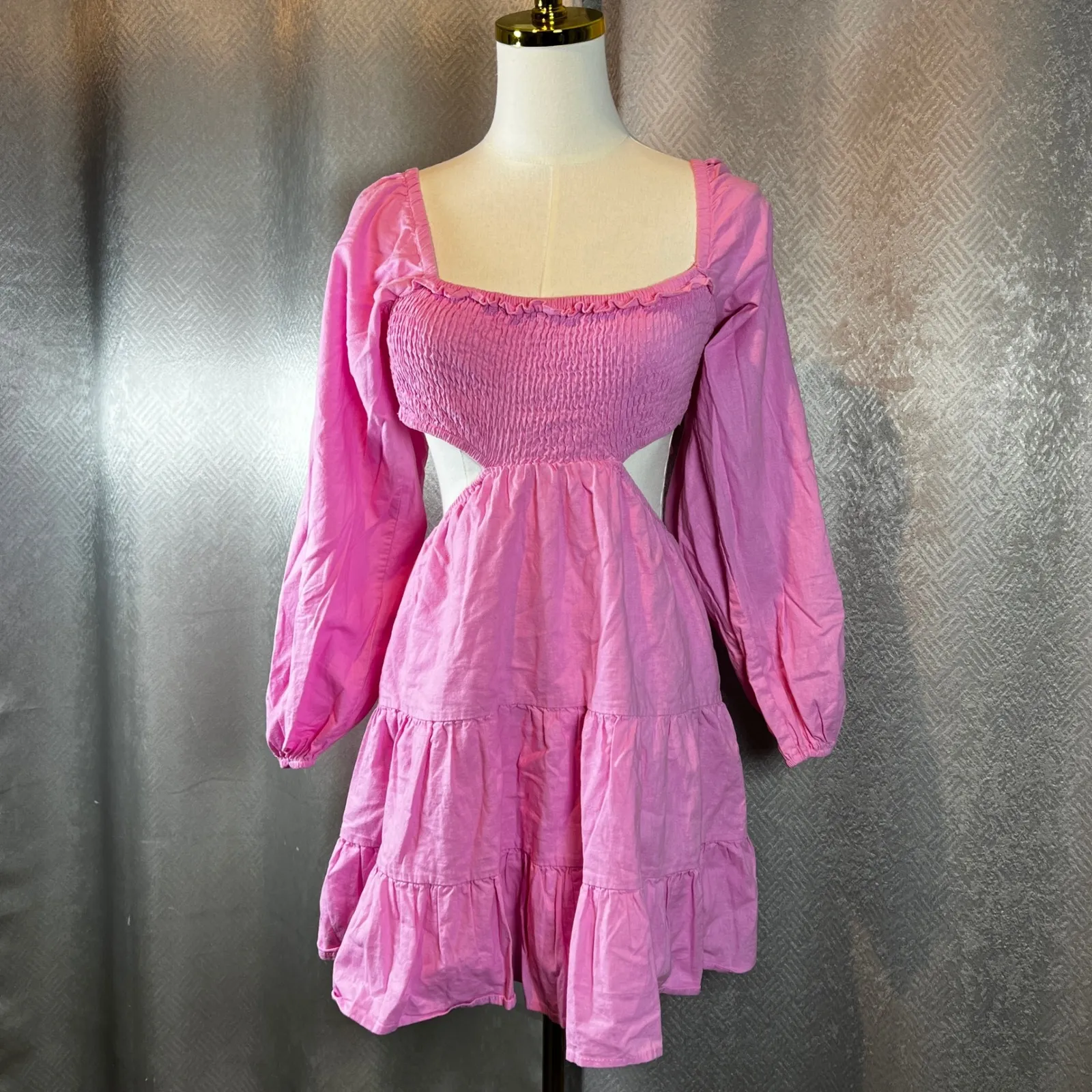 Princess Polly Pink Mini Dress Long Sleeve Cut Out Back Tie Tiered US 2 - Image 4