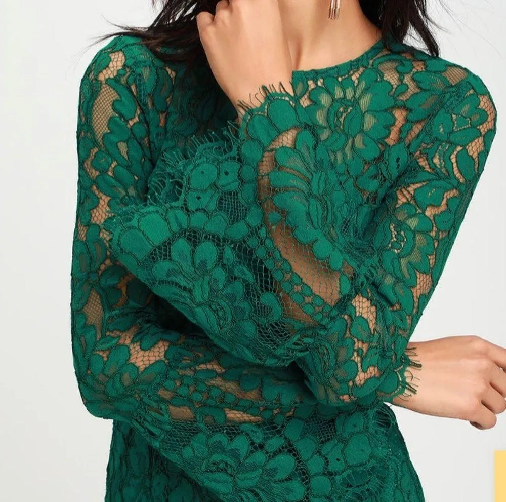 Lulus Enrapturing Elegance Green Lace Long Sleeve Midi Dress size small bridal​​ - Image 4