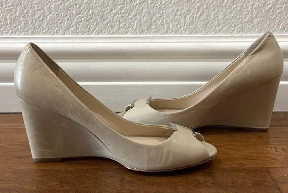 Coach Kellen Taupe Leather Peep Toe Wedge Heels - Image 3