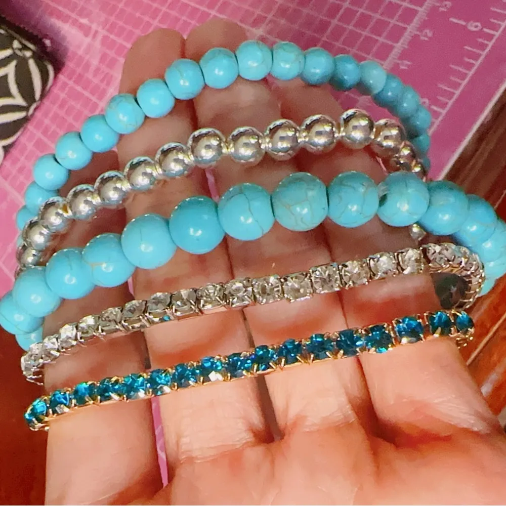 Jessica Simpson 5 pc bracelets set 2 blue natural stone + silver gold diamonds - Image 2