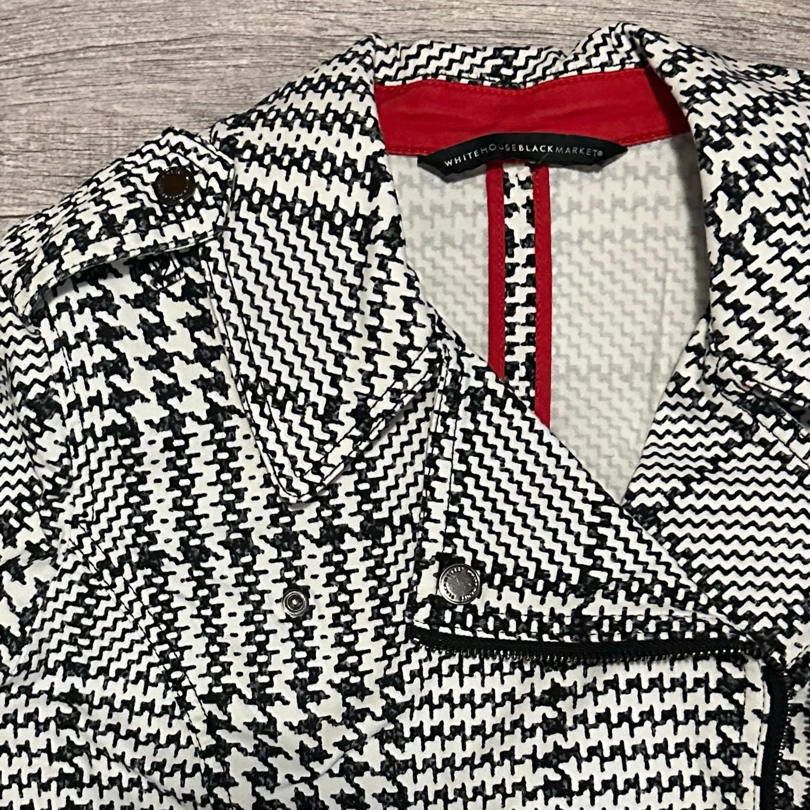 White House Black Market Plaid Houndstooth Moto Jacket Women 12 Black White Edgy - Image 3