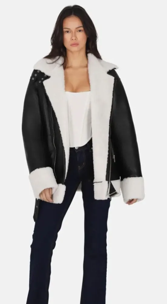 OW Collection STOCKHOLM JACKET Faux Leather Shearling Lined Biker Black M Size M - Image 1