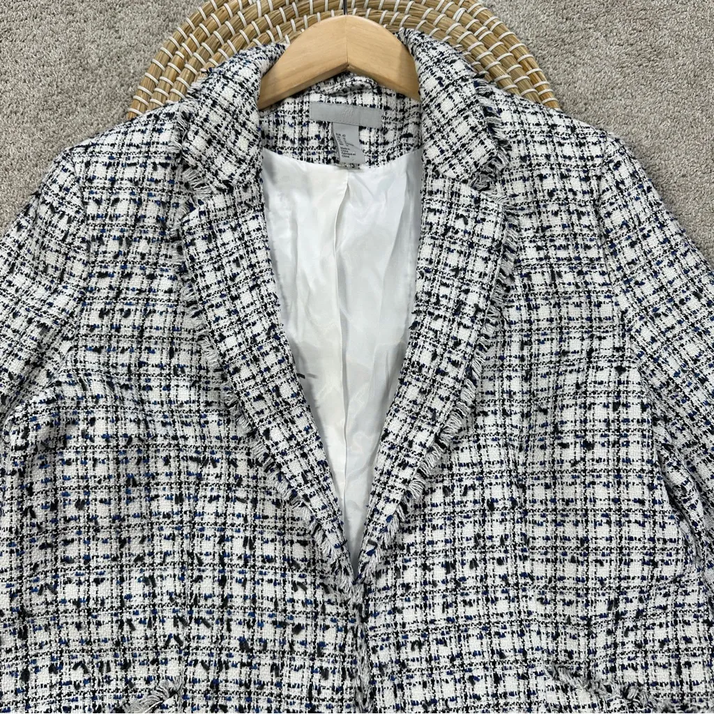 H&M Women’s Textured Tweed Speckled Blazer Jacket Fringe Lined in White Black 12 - Image 5