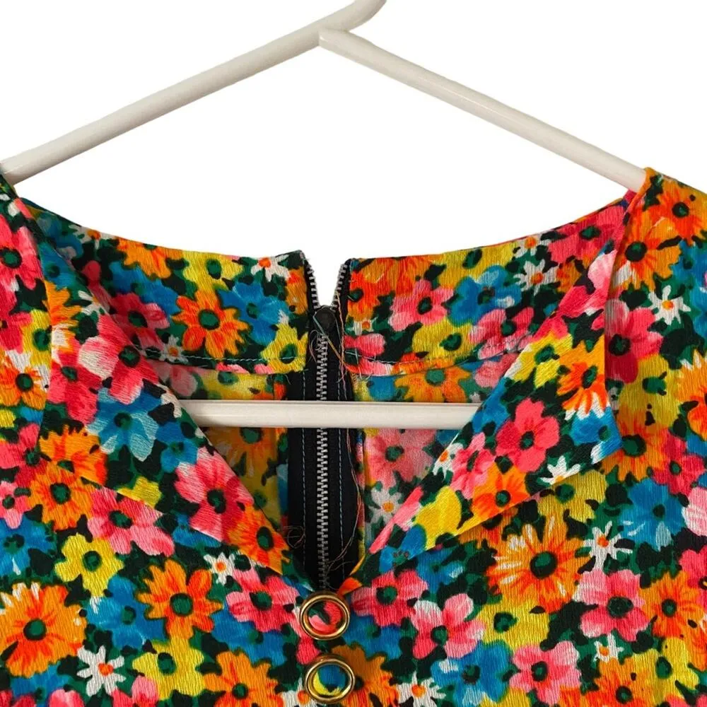 Vintage 60s Electric Yellow Pink Orange Floral Print Retro Dress large Midi - Image 3
