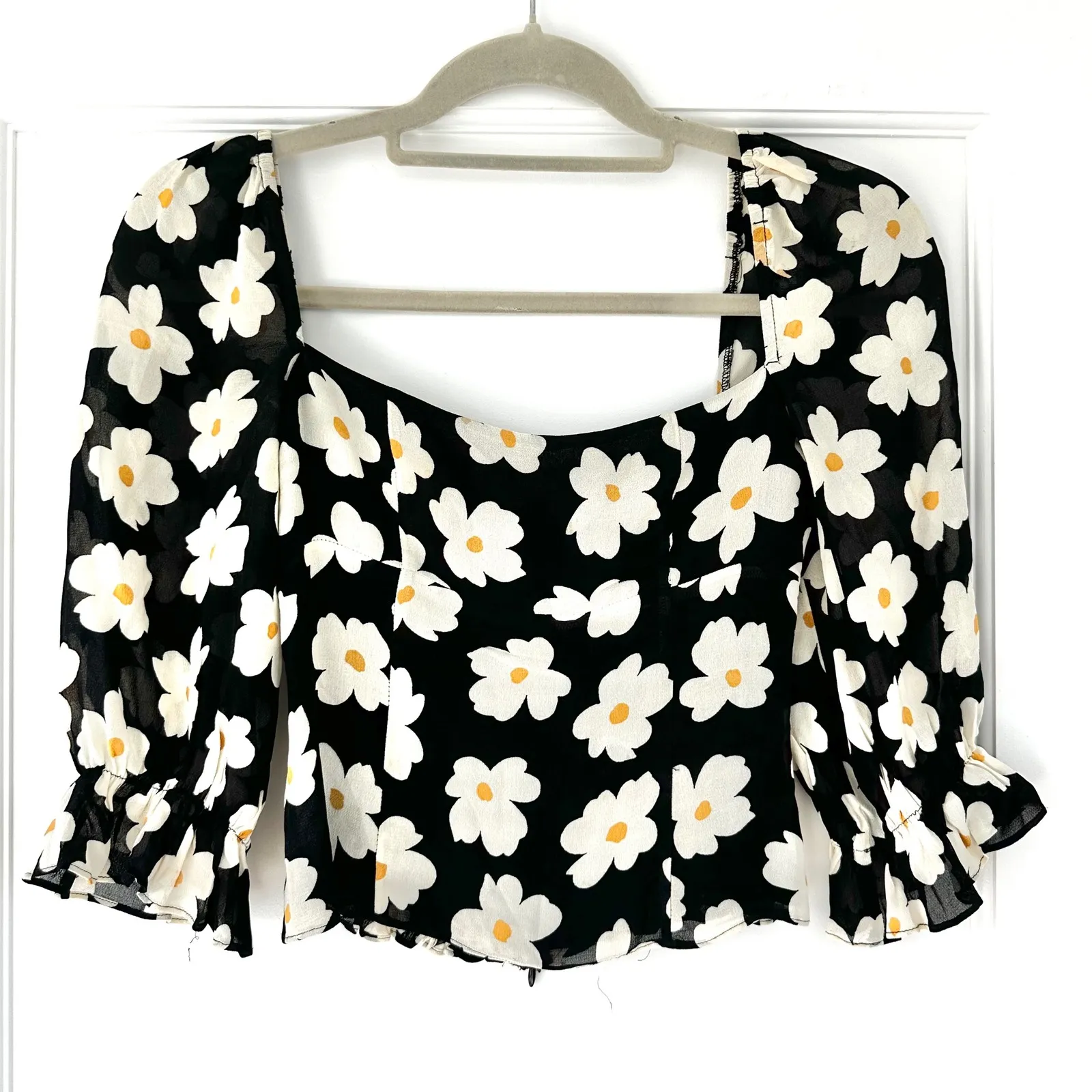 REFORMATION Georgia Daisy Bella Top Floral Blouse Square Black White Size 00‎ - Image 13