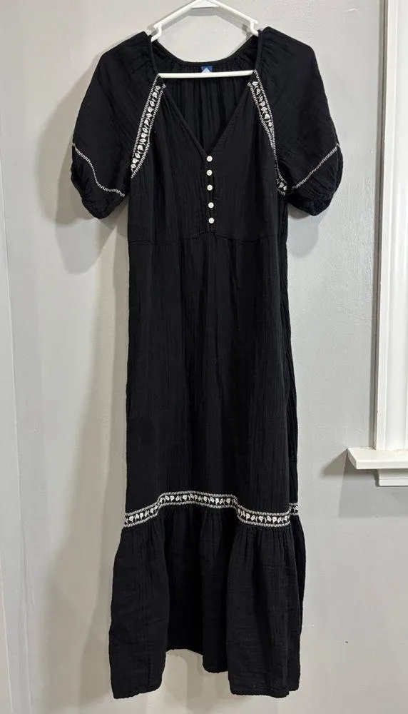 Old Navy Black Crinkle Crepe Gauzy V-Neck Boho Maxi Prairie Dress Size Small - Image 4