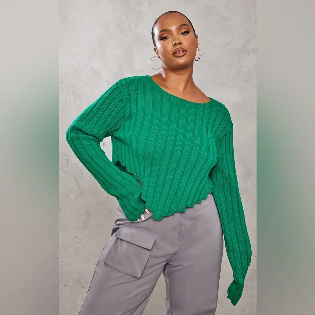PrettyLittleThing Plus Bright Green Chunky Knit Long Sleeve Dip Hem Crop Top XXL - Image 3