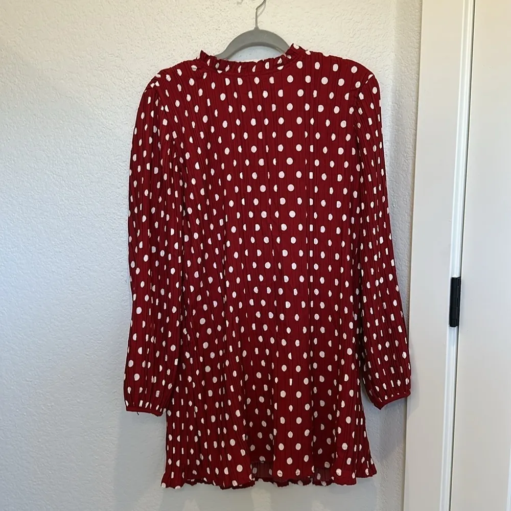 Lulus Pleat to Meet You Wine Red Polka Dot Long Sleeve Shift Dress - Image 5