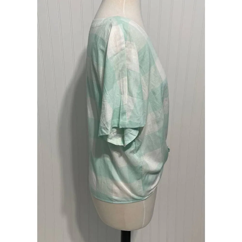 Style & Co. Gingham Tie Front Short Sleeve Button Up Linen Top Mint White Medium Green - Image 11