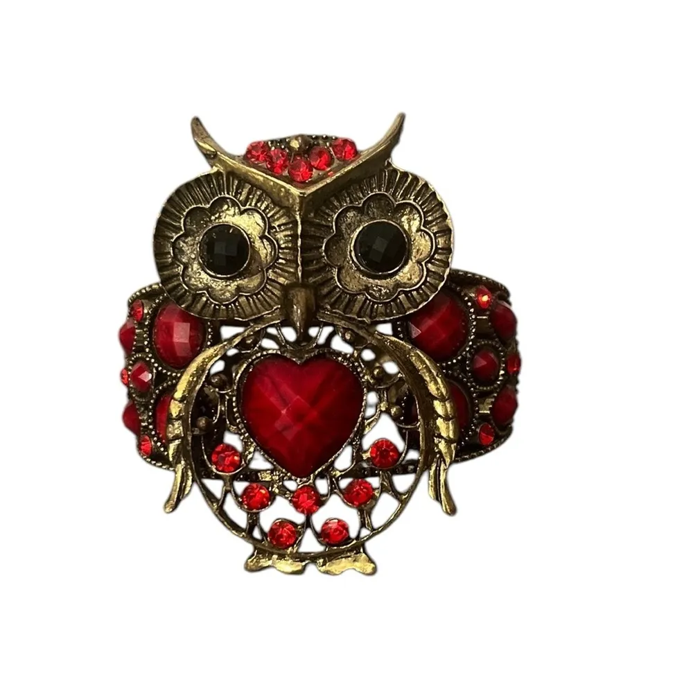 Ornate Metal Owl Filigree Red Rhinestones Gold Tone Cuff Bracelet Black Eyes - Image 2