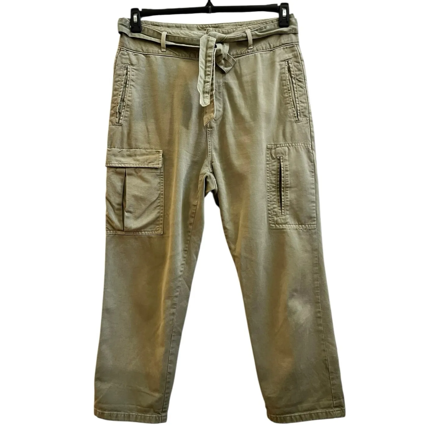 Zara Size 10 Green Cotton Waist Tie Cargo Pockets Pants 25 Inch Inseam Utility - Image 4