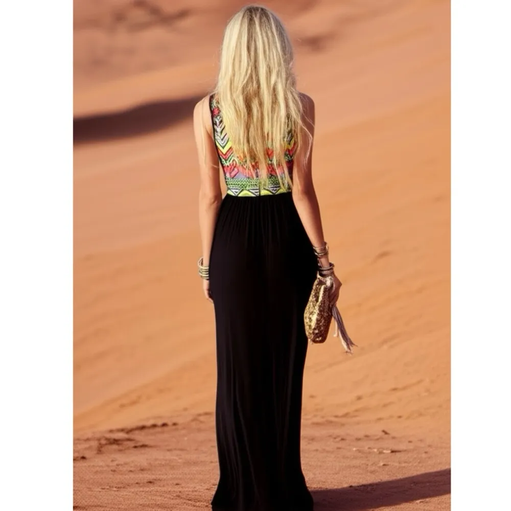 New 42POPS Boho Maxi Sleeveless Tank Dress Chevron Festival Sz Medium USA Made Black - Image 2