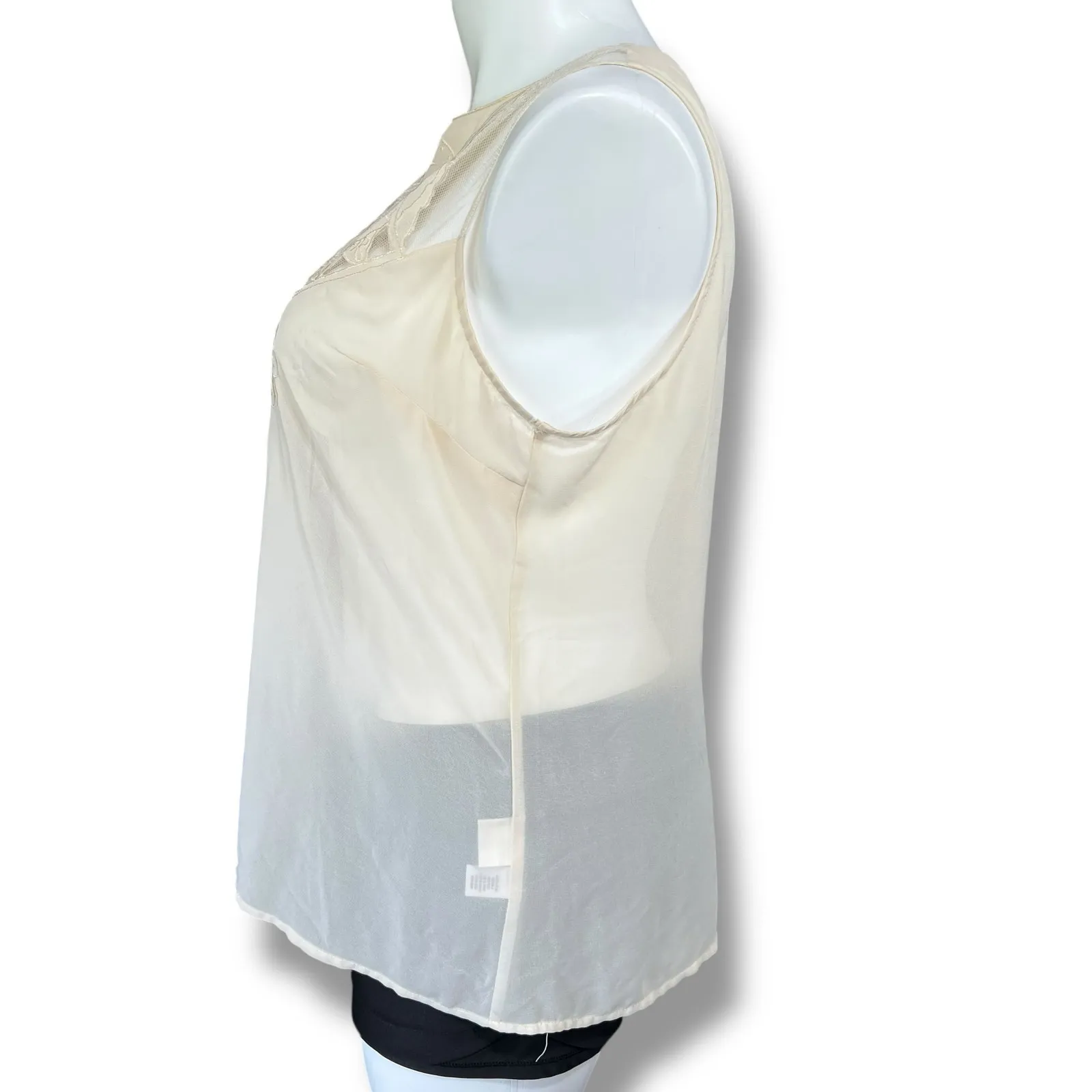 Kenar Womens Sheer Blouse Tank Top Embroidered Floral Design Button Down Beige - Image 5