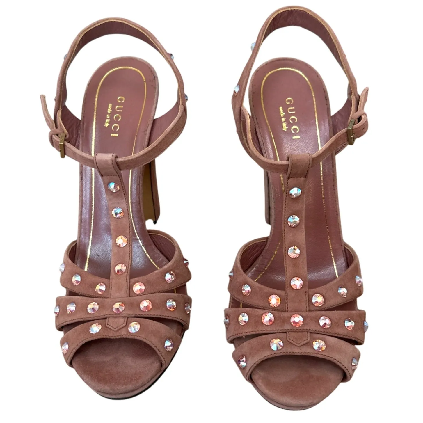 Gucci  Rose Suede Crystal T-Strap Heels Sandals Size IT 38, US 8 - Image 2