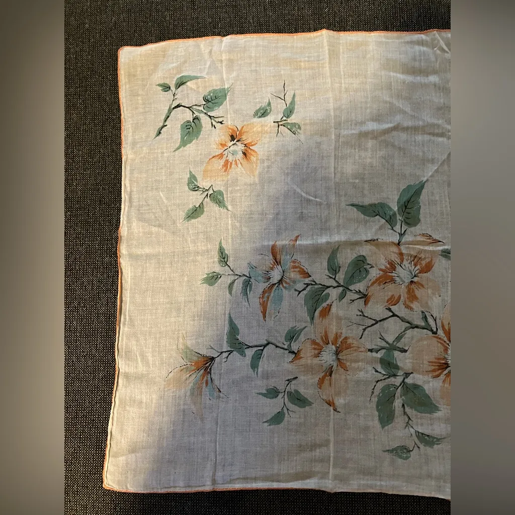 Handkerchief Hanky Hand painted Flower Leaves Vintage 1950s Orange - Image 2