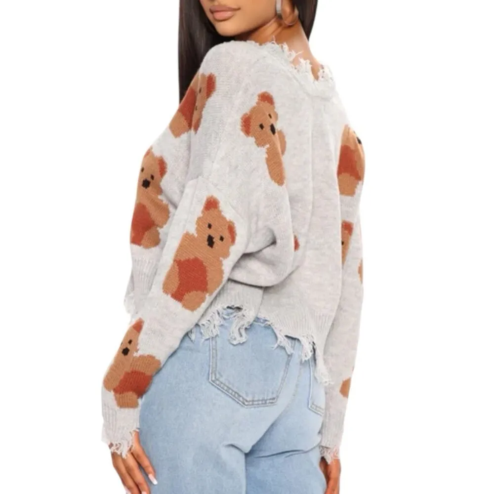 Just Polly Teddy Bear Print Distressed Pullover Sweater Womens Size Small Grunge Gray - Image 8