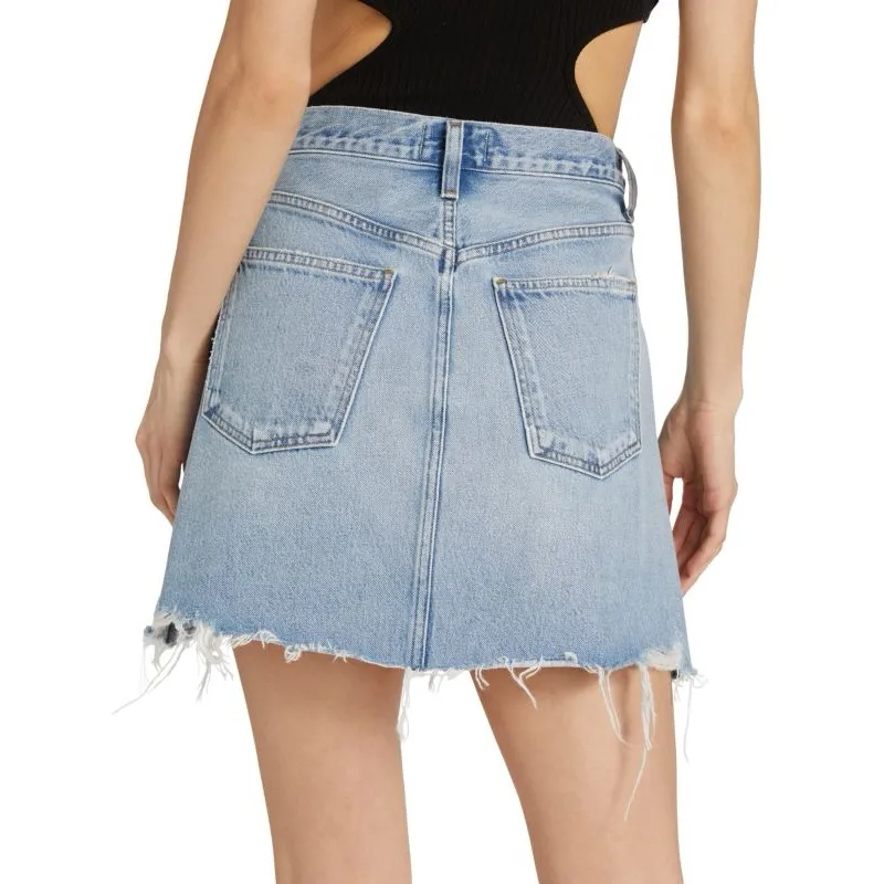 NWT Agolde Criss Cross Jean Mini Skirt Distressed Light Blue Frayed Hem Denim - Image 2