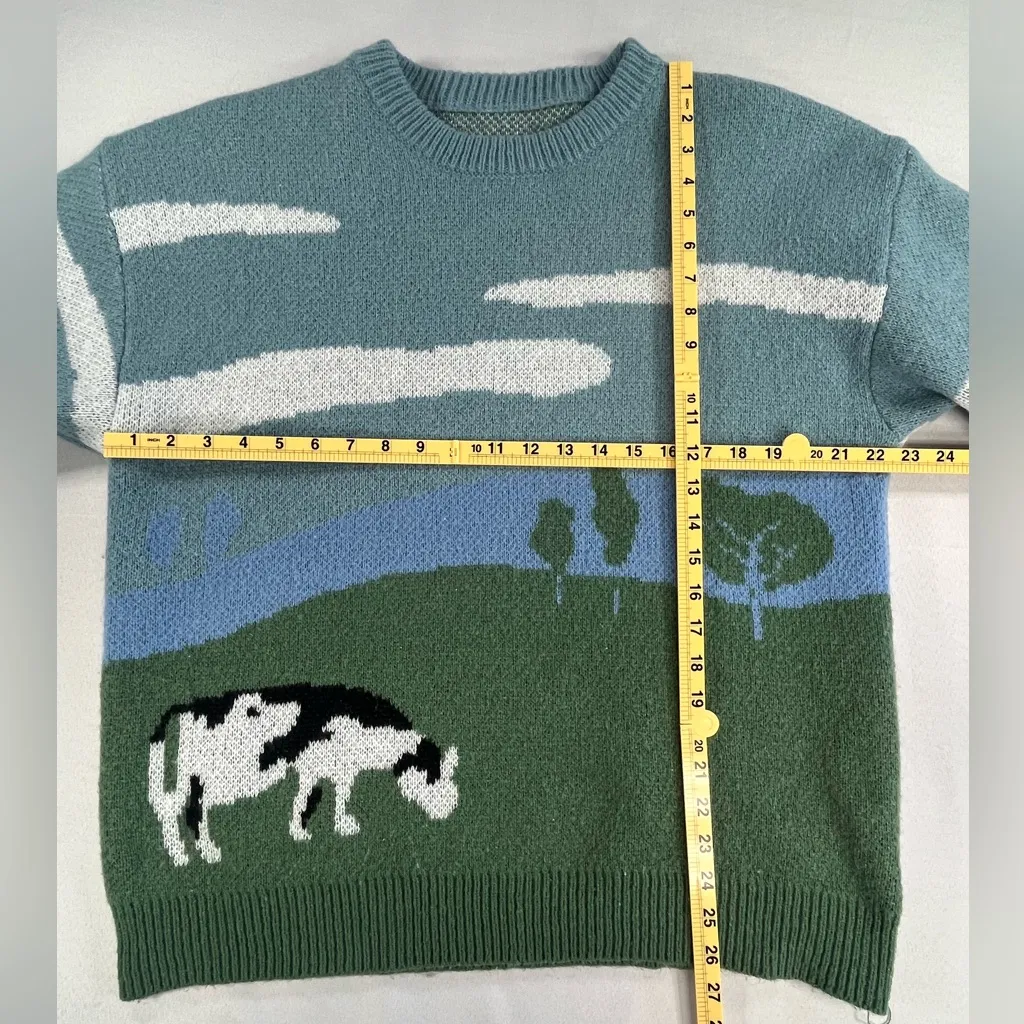Manfinity Cow Print Landscape Crew Neck Sweater Green Size L - Image 6