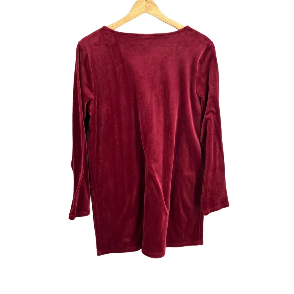 Pure Jill Tunic Blouse Burgundy Long Sleeve VNeck Velvet Side Slits Petite Med Red Size undefined - Image 2