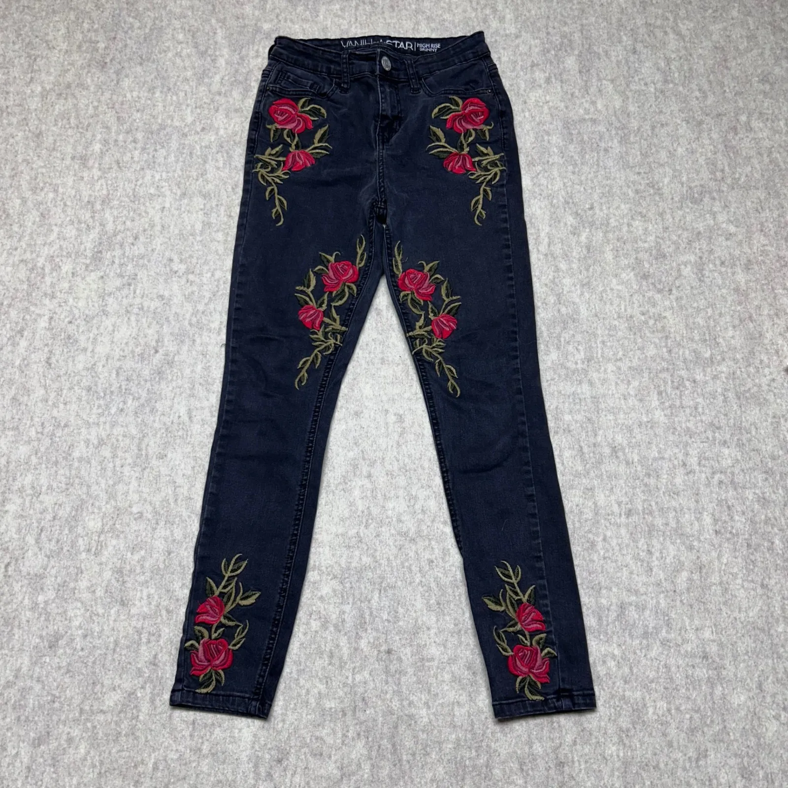 Vanilla Star Womens High Rise Skinny Jeans Embroidered Roses Black Size 3 - Image 2