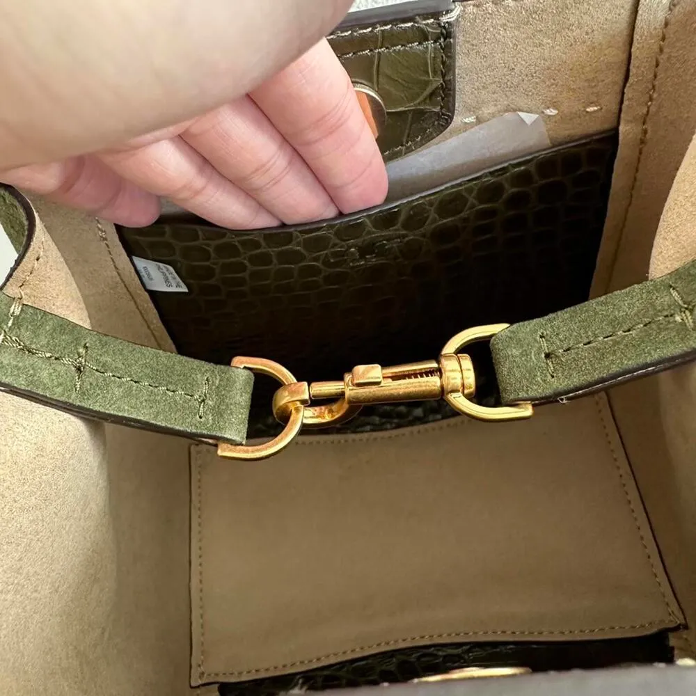 Tory Burch McGraw Small Embossed Leather Bucket Bag NEW OLIVE - Image 6