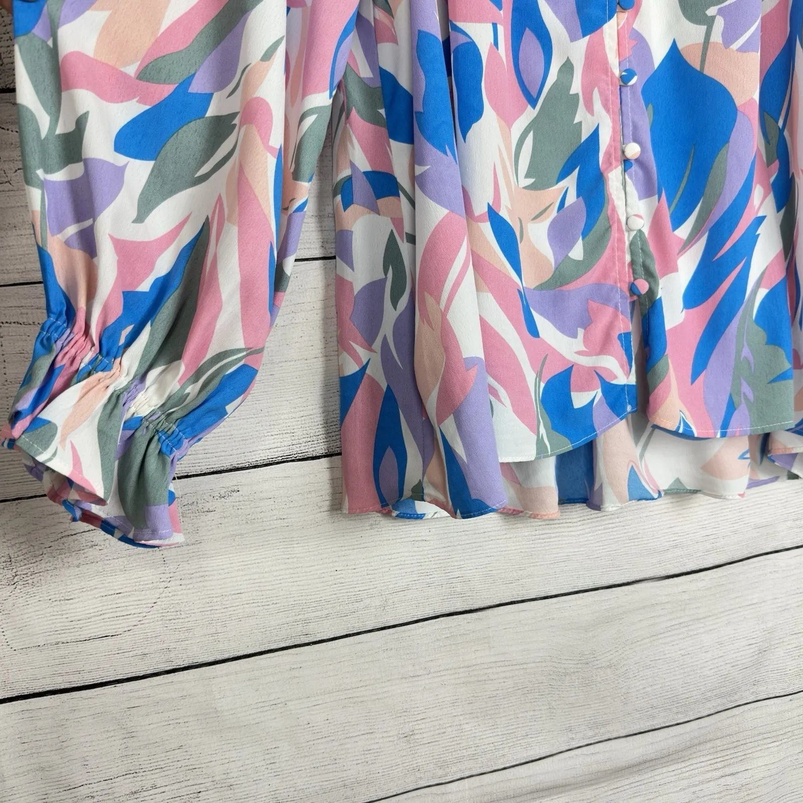 ENTRO Anthropologie Colorful‎ Patterned Blouse Long Sleeve Size Medium Spring - Image 4