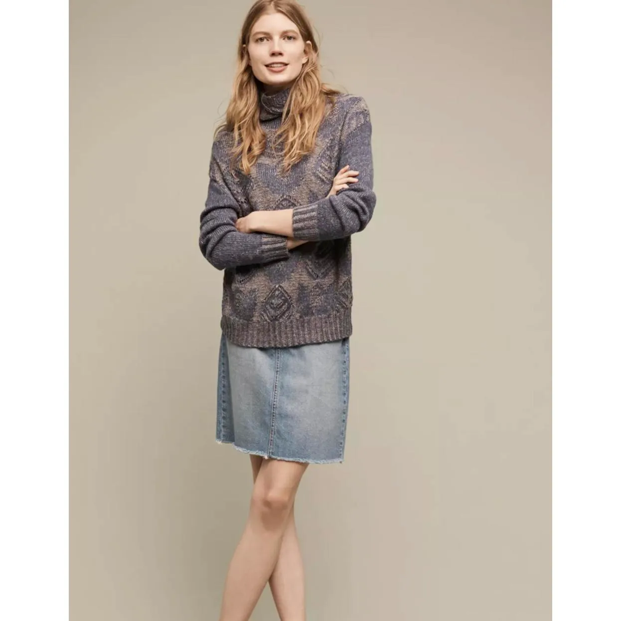 Folk by Hansel Stitched Blue Foliage Turtleneck Sweater - Image 2