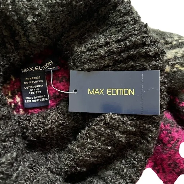 Max Edition Sweater women's Size L/XL Burgundy Black and White Poncho Boho - Image 5