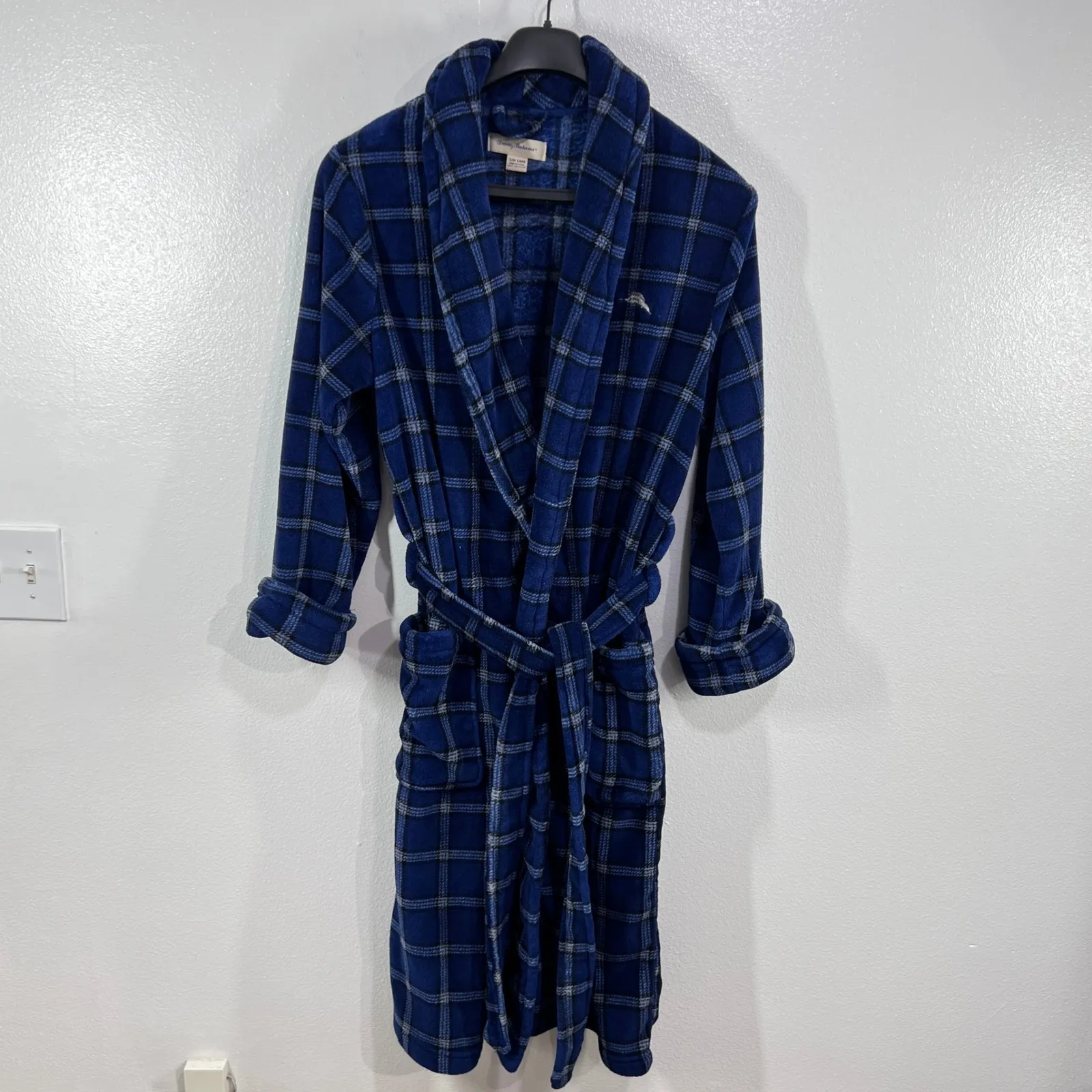 Tommy Bahama Mens Blue‎ Plaid Plush Fleece Bath Robe Small/Medium S/M Loungewear - Image 2