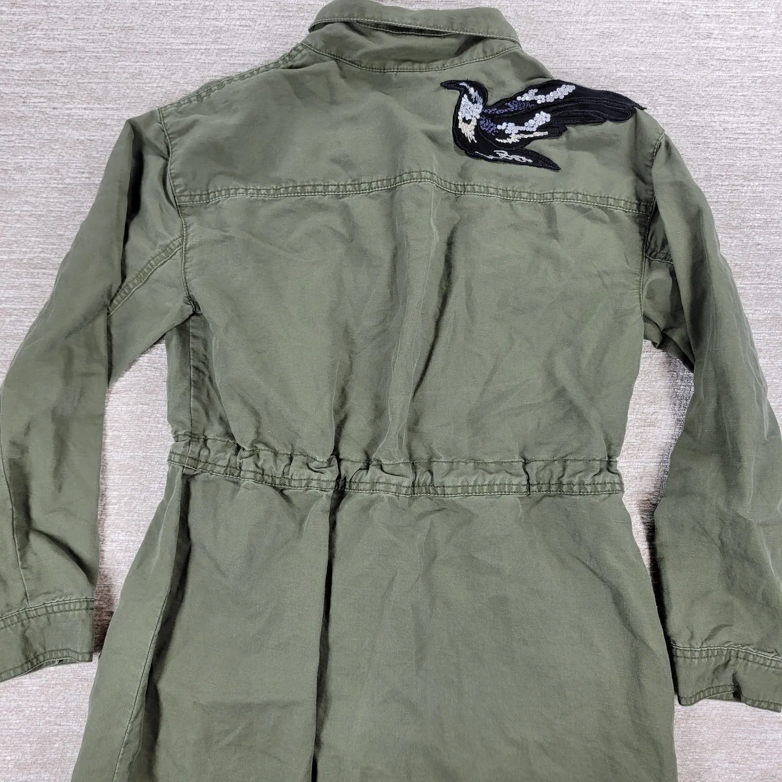 Cabi Bird Utility Jacket Women’s XXS Green Linen Sequin Appliqué Military Parka - Image 11