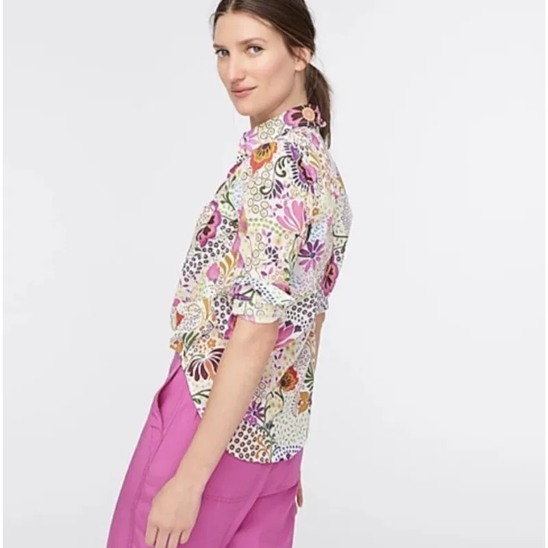 J.‎ Crew Ratti Retro Floral Popover Classic Fit  Shirt Rose Multi Size 2 - Image 4