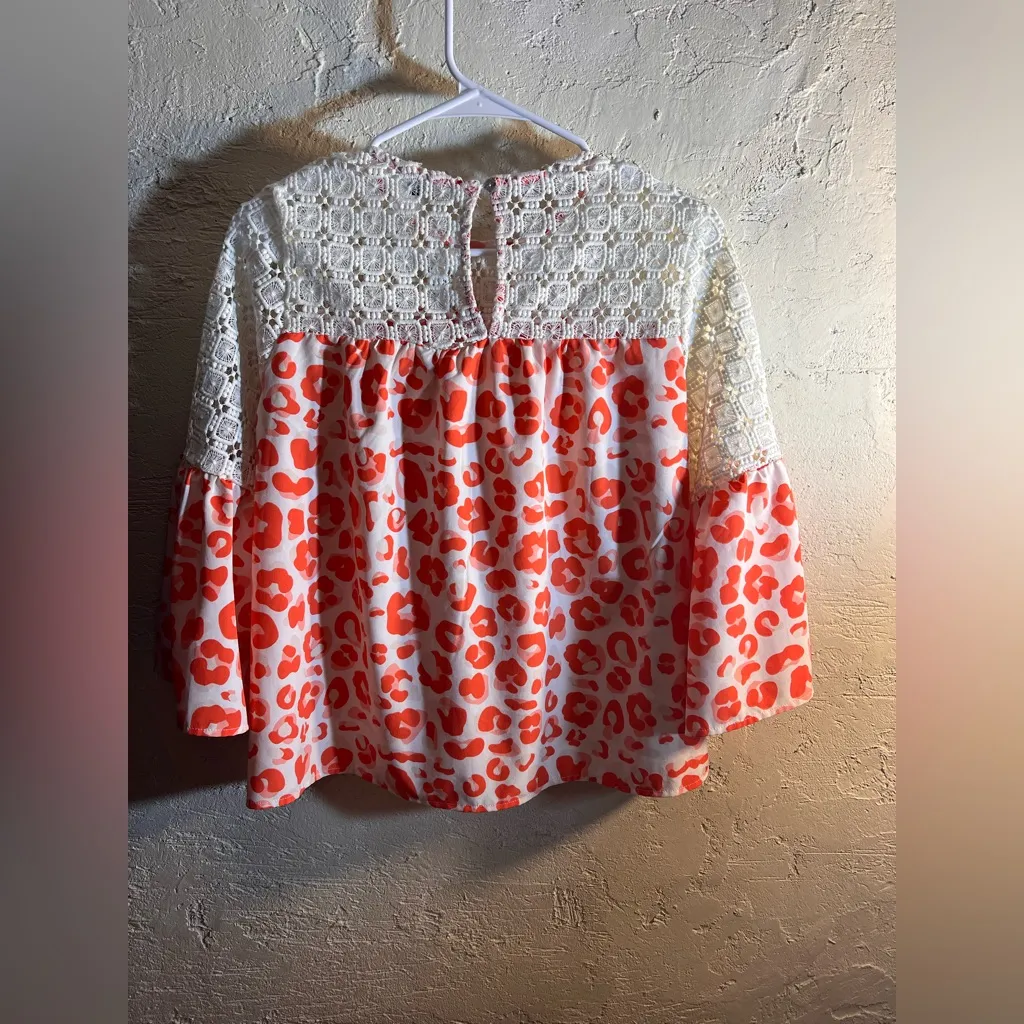 Coral White Pink Leopard Print Blouse sz M crochet flowy colorful bell sleeve Orange Size M - Image 9
