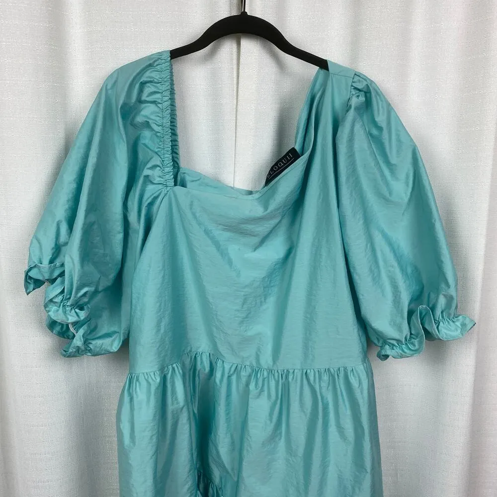 Eloquii Teal Puff Sleeve Asymmetrical Neckline Tiered Trapeze Mini Dress Sz.24W - Image 5