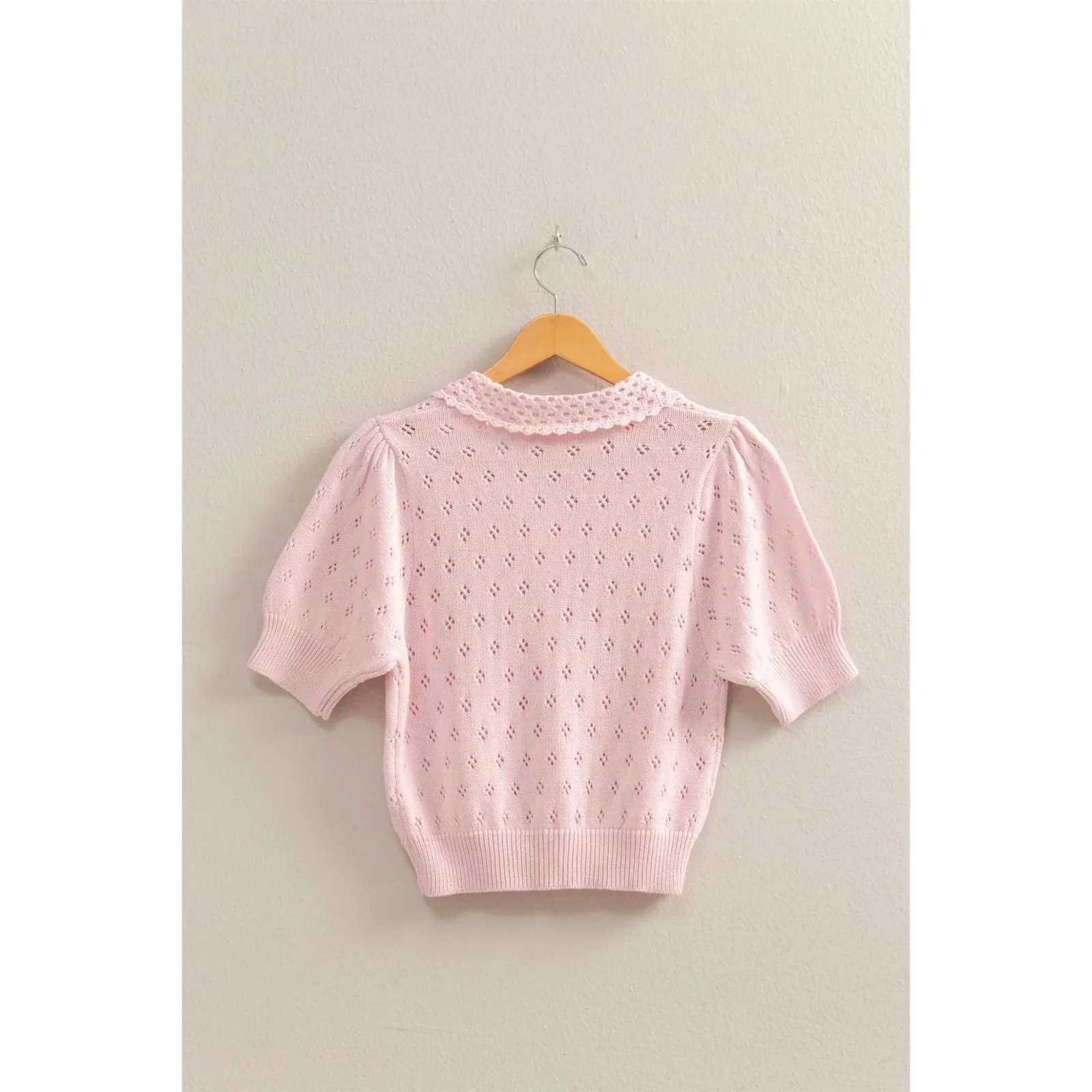 Double Zero Pointelle Open Knit Puff Sleeve Top - Image 2