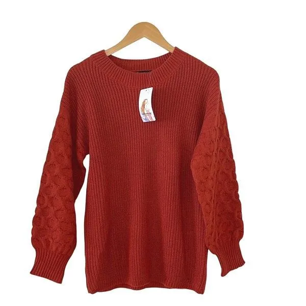Pretty Garden Womens Cable Knit Sleeve‎ Ribbed Pullover Sweater Rust Small NWT Red - Image 2