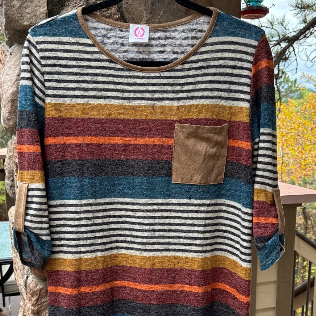 Wanna B Size M Boho Striped Mini Dress Tunic Top Tan Blue Ivory Gray Wine - Image 4