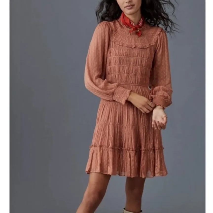 By Anthropologie Dalia Ruffle Smocked Long Sleeve Mini Dress Pink Rose size XS - Image 4